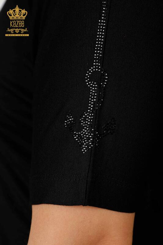 Bluză de damă cu ridicata cu decolteu în V cu piatră brodată neagră - 78931 | KAZEE