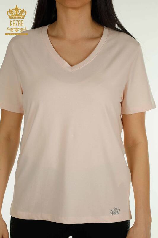 Bluză de damă cu ridicata - Decolteu în V - Pudra ușoară - 79564 | KAZEE