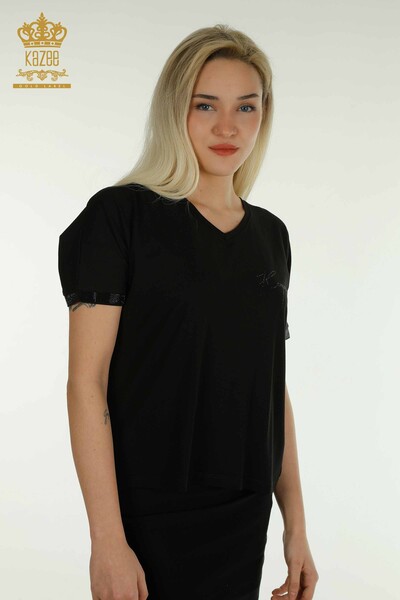 Bluză de damă cu ridicata - Detaliată cu nasturi - Negru - 79297 | KAZEE - Thumbnail