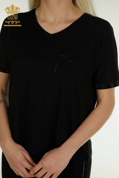 Bluză de damă cu ridicata - Detaliată cu nasturi - Negru - 79297 | KAZEE - Thumbnail