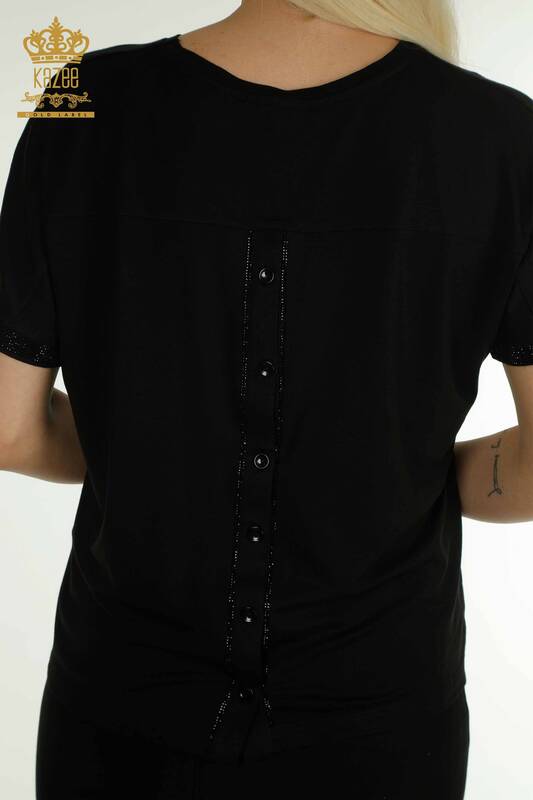 Bluză de damă cu ridicata - Detaliată cu nasturi - Negru - 79297 | KAZEE