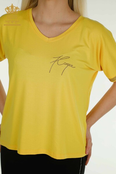 Bluză de damă cu ridicata - Detaliată cu nasturi - Galben - 79297 | KAZEE - Thumbnail