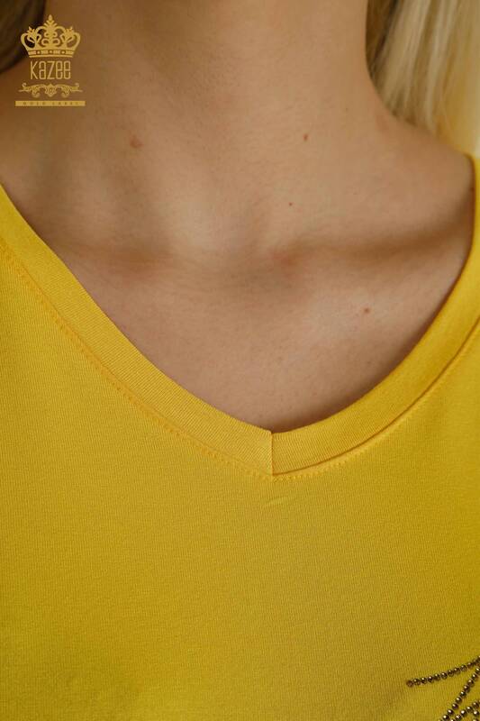 Bluză de damă cu ridicata - Detaliată cu nasturi - Galben - 79297 | KAZEE