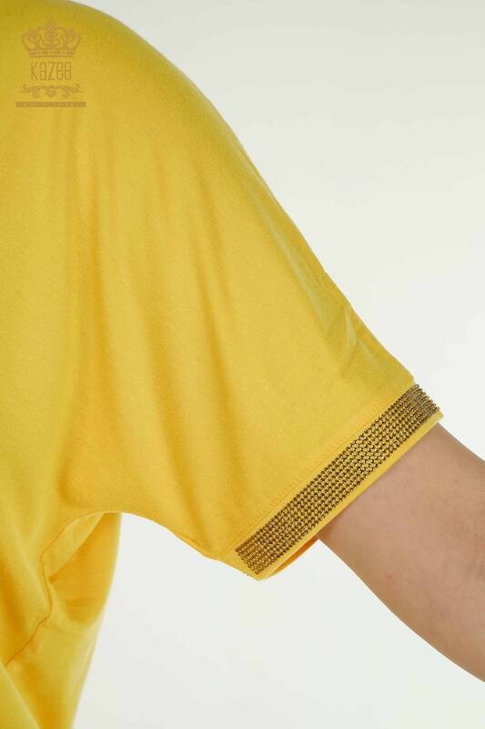 Bluză de damă cu ridicata - Detaliată cu nasturi - Galben - 79297 | KAZEE