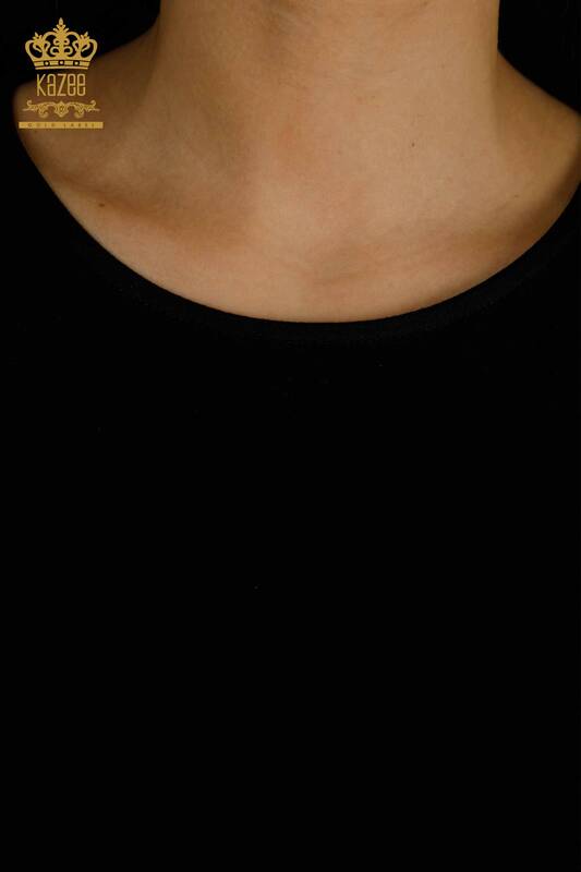 Bluză de damă cu ridicata - Detaliat pe umeri - Negru - 79527 | KAZEE