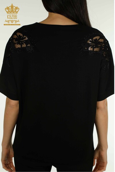 Bluză de damă cu ridicata - Detaliat pe umeri - Negru - 79527 | KAZEE - Thumbnail