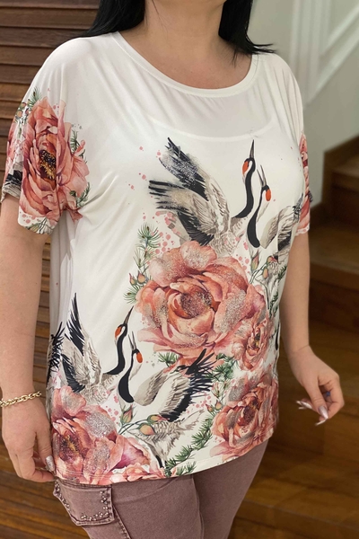Bluză de damă cu ridicata cu mânecă scurtă cu imprimeu floral digital - 76829 | Kazee - Thumbnail
