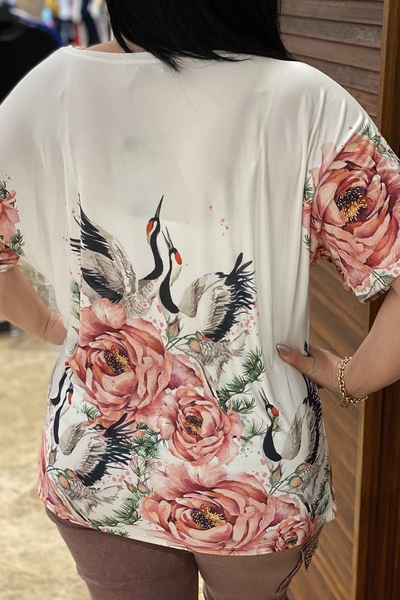 Bluză de damă cu ridicata cu mânecă scurtă cu imprimeu floral digital - 76829 | Kazee - Thumbnail