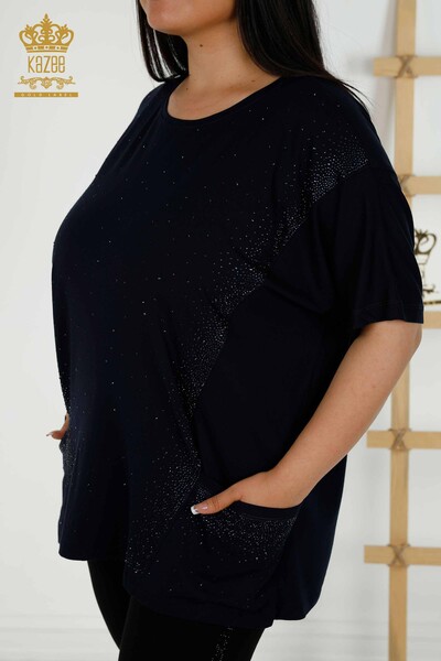 Bluză de damă cu ridicata cu două buzunare cu mânecă scurtă bleumarin - 79293 | KAZEE - Thumbnail