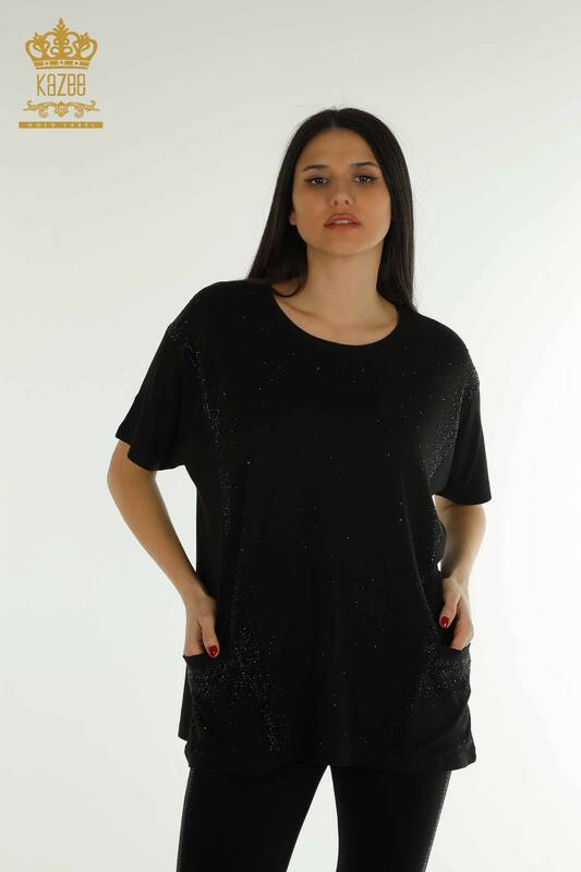 Bluză cu ridicata pentru femei, cu două buzunare, mânecă scurtă, neagră - 79293 | KAZEE