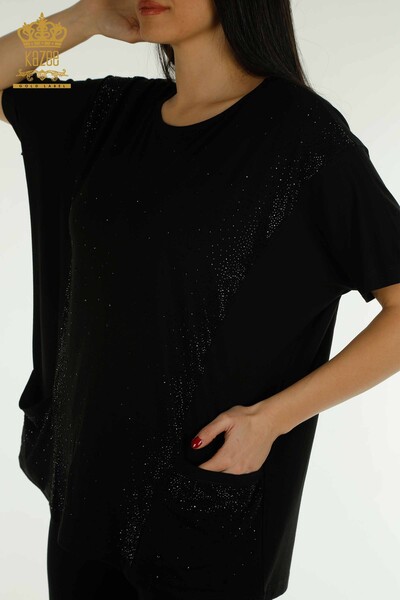 Bluză cu ridicata pentru femei, cu două buzunare, mânecă scurtă, neagră - 79293 | KAZEE - Thumbnail