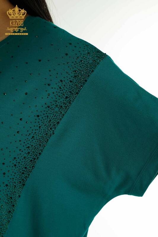 Bluză de damă cu ridicata cu două buzunare cu mânecă scurtă verde - 79293 | KAZEE