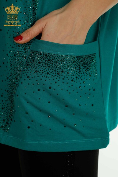 Bluză de damă cu ridicata cu două buzunare cu mânecă scurtă verde - 79293 | KAZEE - Thumbnail