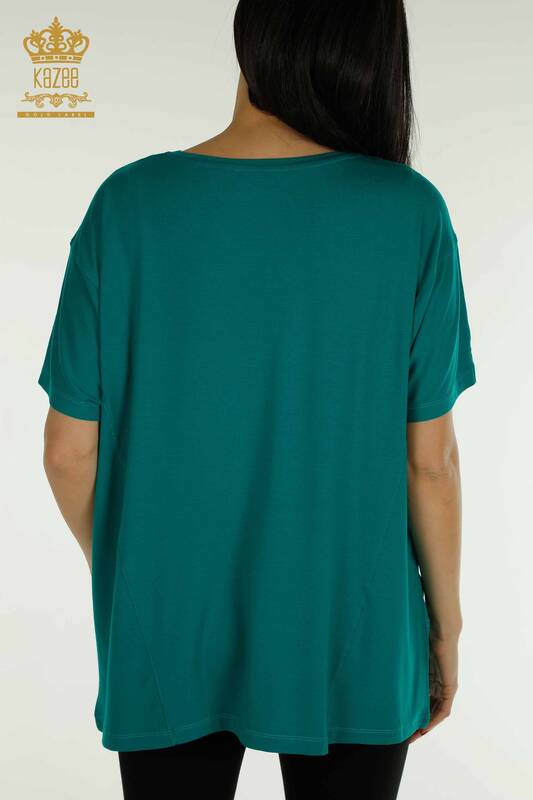 Bluză de damă cu ridicata cu două buzunare cu mânecă scurtă verde - 79293 | KAZEE