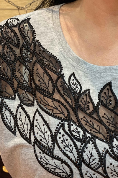 Bluză de damă cu ridicata cu design de frunze și broderie cu piatră - 76898 | Kazee - Thumbnail