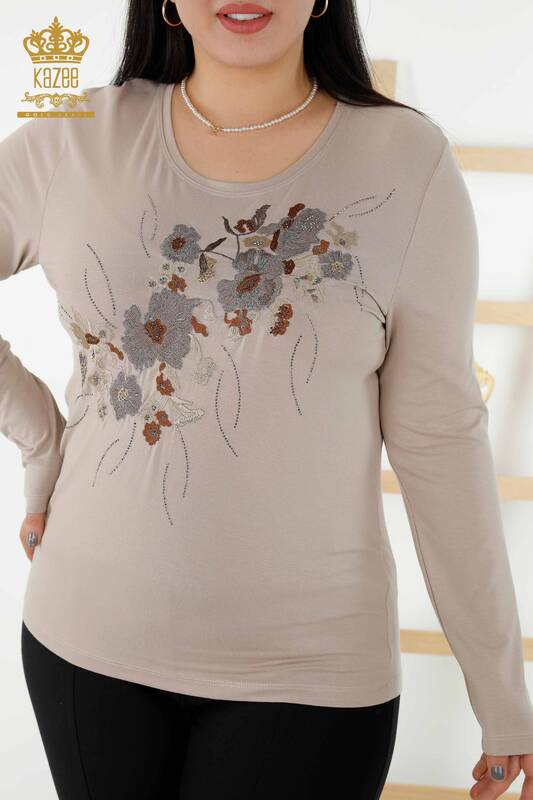 Bluză de damă cu ridicata cu modele florale gri - 79045 | KAZEE