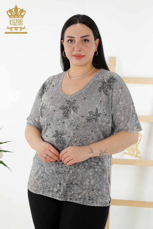 Bluză de damă cu ridicata cu modele florale gri - 79126 | KAZEE