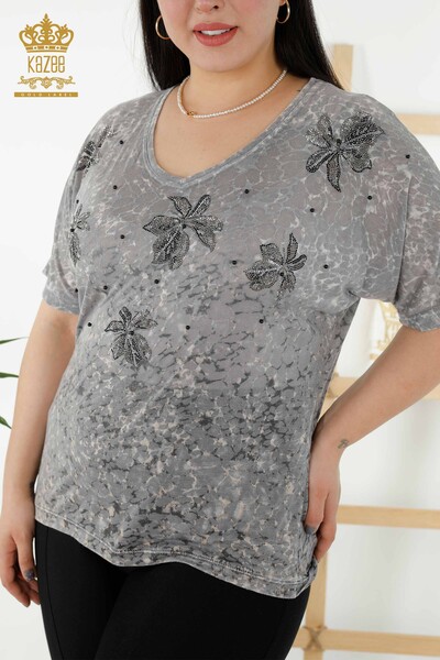 Bluză de damă cu ridicata cu modele florale gri - 79126 | KAZEE - Thumbnail
