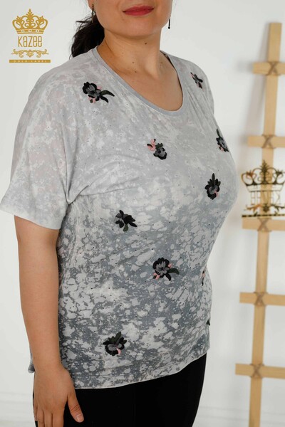 Bluză de damă cu ridicata cu modele florale gri - 79134 | KAZEE - Thumbnail