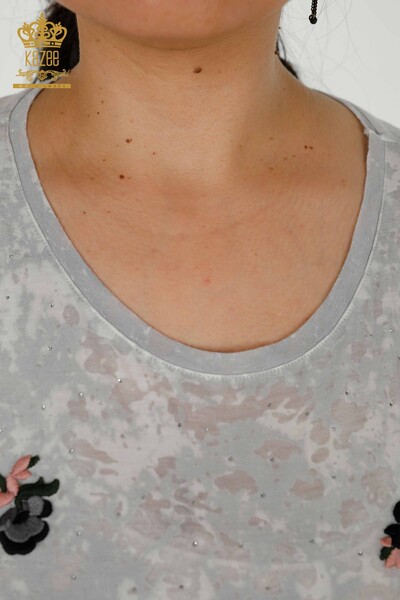 Bluză de damă cu ridicata cu modele florale gri - 79134 | KAZEE - Thumbnail