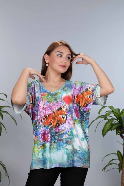 Bluză cu ridicata pentru femei cu model de fluture colorat imprimat digital -12005 | KAZEE - Thumbnail