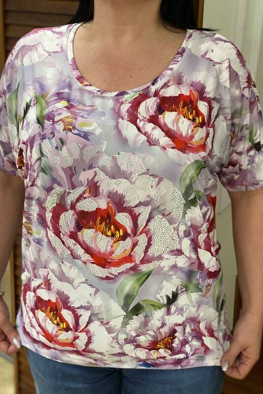 Bluză cu ridicata pentru femei, cu imprimeu digital, cu decolteu rotund - 7450 | Kazee