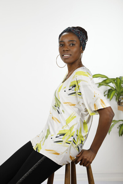 Bluză de damă cu ridicata cu mânecă scurtă cu decolteu în V cu imprimeu digital - 12027 | KAZEE - Thumbnail