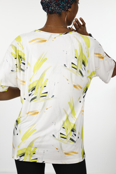 Bluză de damă cu ridicata cu mânecă scurtă cu decolteu în V cu imprimeu digital - 12027 | KAZEE - Thumbnail