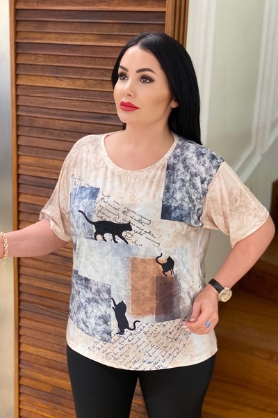 Bluză de damă cu ridicata cu mânecă scurtă cu imprimeu digital - 77325 | Kazee - Thumbnail