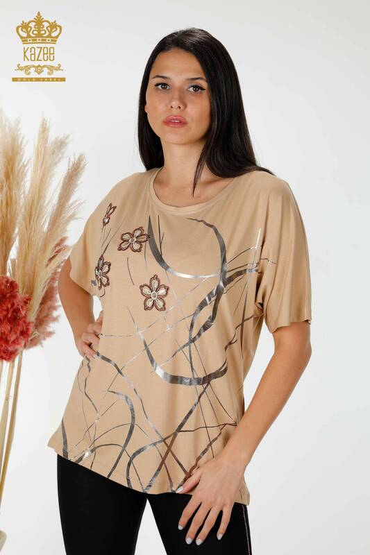 Bluză de damă cu ridicata cu dungi cu modele florale bej - 78894 | KAZEE