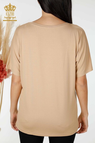 Bluză de damă cu ridicata cu dungi cu modele florale bej - 78894 | KAZEE - Thumbnail