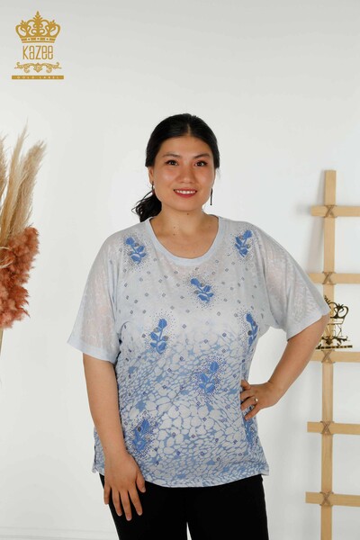 Bluză de damă cu ridicata cu frunze indigo - 79130 | KAZEE - Thumbnail