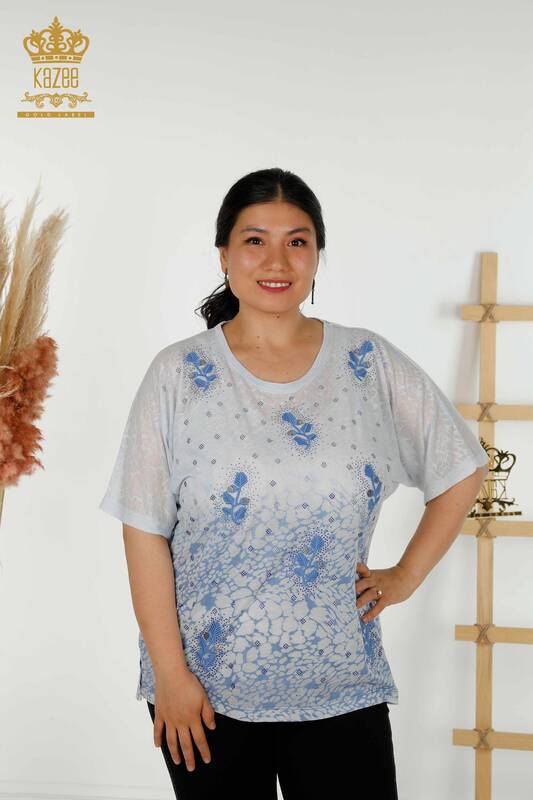 Bluză de damă cu ridicata cu frunze indigo - 79130 | KAZEE
