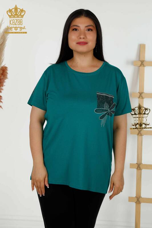 Bluză de damă verde cu detaliu libelulă - 79370 | KAZEE