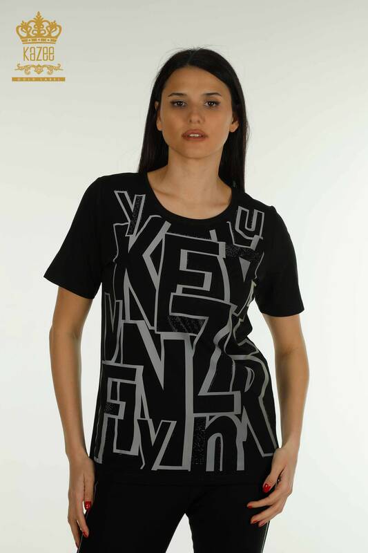 Bluză de damă cu ridicata - Scrisoare detaliată - Negru - 79548 | KAZEE