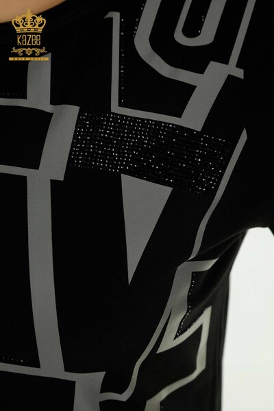 Bluză de damă cu ridicata - Scrisoare detaliată - Negru - 79548 | KAZEE - Thumbnail