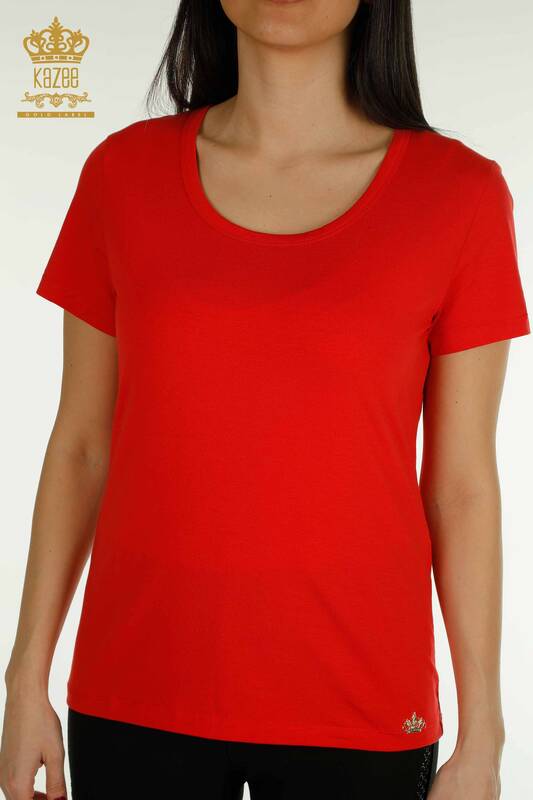Bluză de damă cu ridicata roșu de bază cu logo - 79177 | KAZEE