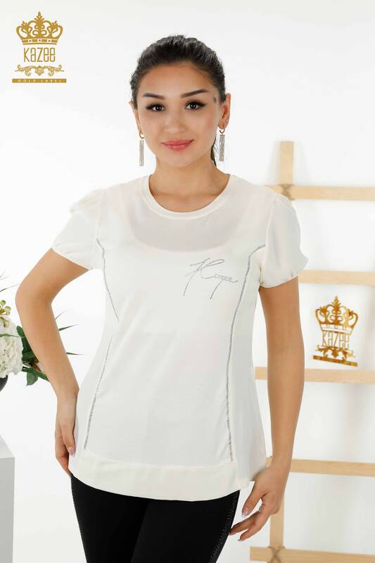 Bluză cu mânecă scurtă pentru femei albă - 79226 | KAZEE
