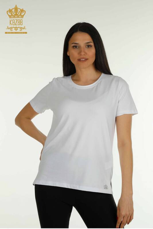 Bluză de damă cu ridicata - Mânecă scurtă - alb - 79563 | KAZEE
