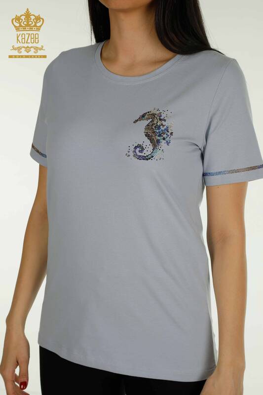 Bluză de damă cu ridicata - Mânecă scurtă - albastru - 79511 | KAZEE