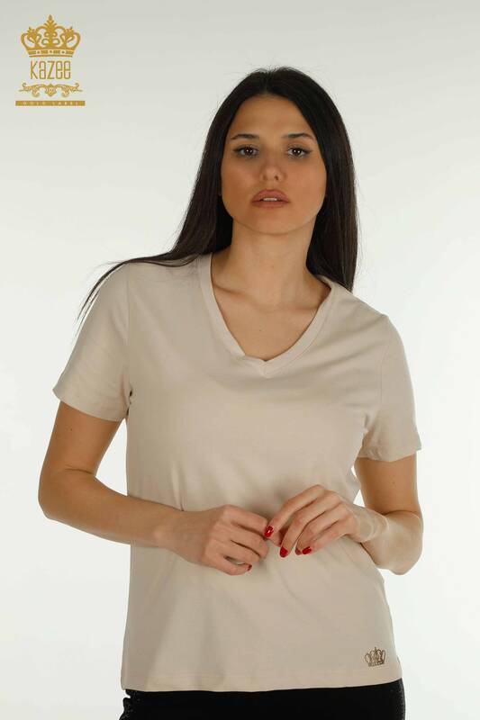Bluză de damă cu ridicata - Mânecă scurtă - bej deschis - 79561 | KAZEE