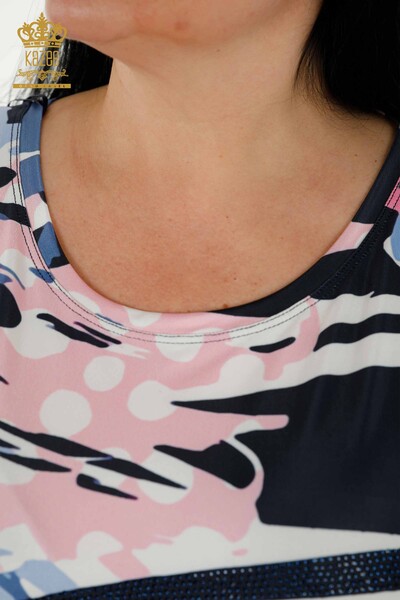 Bluză de damă cu ridicata cu mânecă scurtă cu piatră brodata albastru - 77897 | KAZEE - Thumbnail