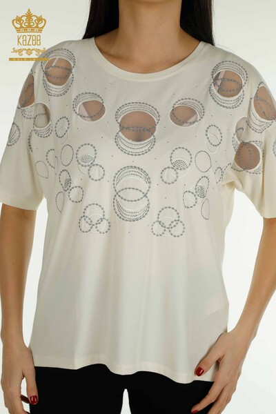 Bluză de damă cu ridicata - Mânecă scurtă - cu model - Ecru - 79094 | KAZEE - Thumbnail