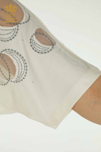Bluză de damă cu ridicata - Mânecă scurtă - cu model - Ecru - 79094 | KAZEE - Thumbnail