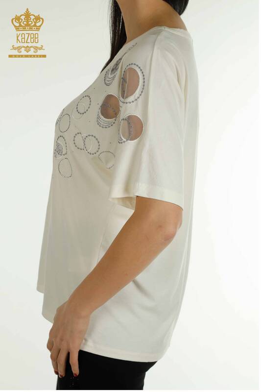 Bluză de damă cu ridicata - Mânecă scurtă - cu model - Ecru - 79094 | KAZEE