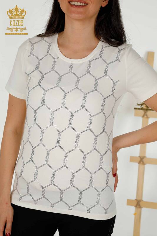 Bluză de damă cu mânecă scurtă cu model Ecru - 79304 | KAZEE