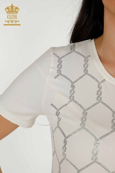 Bluză de damă cu mânecă scurtă cu model Ecru - 79304 | KAZEE - Thumbnail