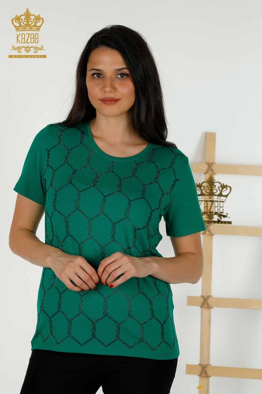 Bluză de damă cu mânecă scurtă cu model verde - 79304 | KAZEE