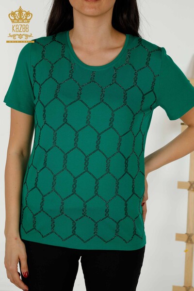 Bluză de damă cu mânecă scurtă cu model verde - 79304 | KAZEE - Thumbnail