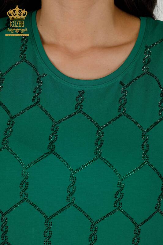 Bluză de damă cu mânecă scurtă cu model verde - 79304 | KAZEE